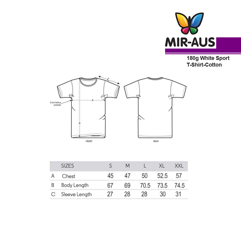 Cotton White T-shirt size chart